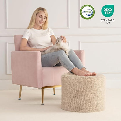 Hansleep Pouf Ottoman Foam Filled 17 x 14, Faux Fur Round Ottoman Foot Rest for Chair with Washable Cover, Foot Stools Under Desk for Living Room & Bedroom, Brown