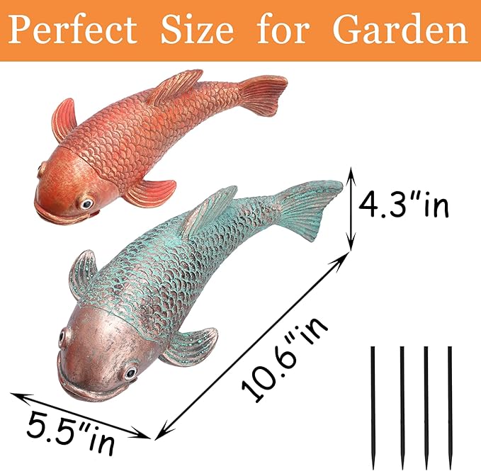Koi Fish Decor, Set of 2 Antique Koi Garden Statues Art, Pond Accessories, Yard Pond Decor, Large Outdoor Garden Statues Ornaments, Real Fish Sculpture Art (10.8")