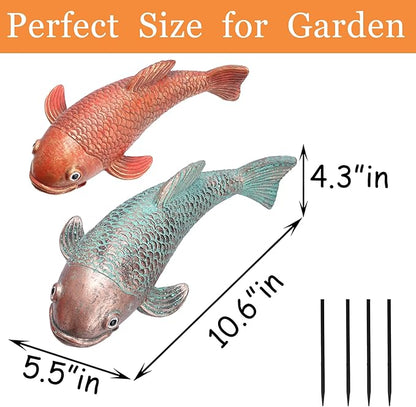 Koi Fish Decor, Set of 2 Antique Koi Garden Statues Art, Pond Accessories, Yard Pond Decor, Large Outdoor Garden Statues Ornaments, Real Fish Sculpture Art (10.8")