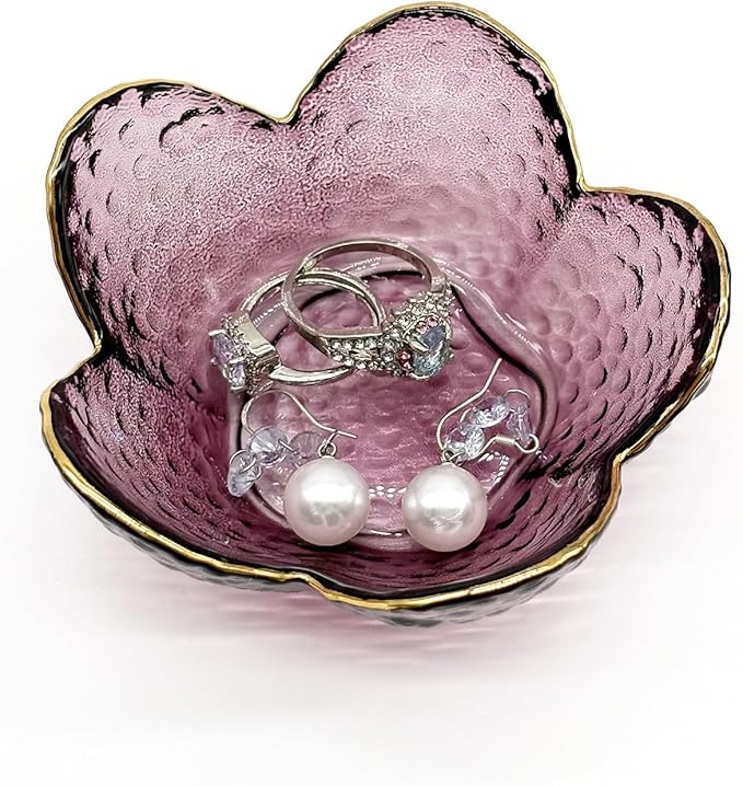 Purple Glass Jewelry Dish Tray, Birthday Gifts for Mom, Crystal Ring Holder for Women, Small Flower Ring Dish Jewlery Plate, Engagement Trinket Jewelry Tray, Nightstand Decor Jewerly Bowl