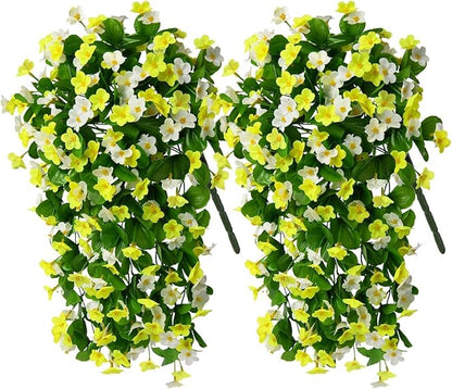 2 Pack Artificial Hanging Flowers, Fake Flowers Hanging Plant Violet Flower, Artificial Faux Silk Spring Flower for Wall Front Door Yard Garden Wedding Outdoor Decoration(Yellow White)