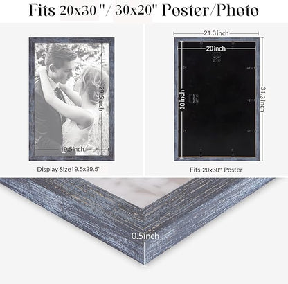 20x30 Frame Rustic Blue, 30x20 Picture Poster Frame, Horizontal Vertical Hanging, Large 20 by 30 Wall Gallery Family Concert Portrait Photo Frame Anniversary/Birthday/Wedding/Thank you/Christmas Gift