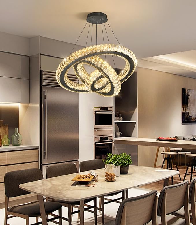 3 Rings LED Chandelier Modern Dimmable Dining Room Chanderliers Entryway Crystal Pendant Lights for Kitchen Bedroom Living Room Black Light