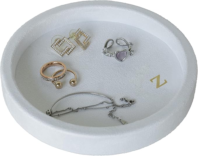 COLLECTIVE HOME - Velvet Jewelry Tray, 6" Monogrammed Jewelry Dish, Smooth Velour Display Dish for Rings, Earrings, Necklaces, Makeup, Personalized Gifts for Women (White-z)