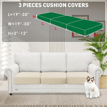 MAXIJIN Couch Cushion Covers for Sectional Sofa, Stretch Sofa Cushion Cover Washable Furniture Protector with Elastic Bottom & Non-Slip Strap for Pets Kids (3PC Seat Cover, Beige)