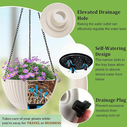 Hanging Planters for Indoor Outdoor Plants 8 and 10 Inch, 4 Packs Hanging Flower Pot with Drainage Holes, Self-Watering Hanging Basket Perfect for Home, Office and Garden, White
