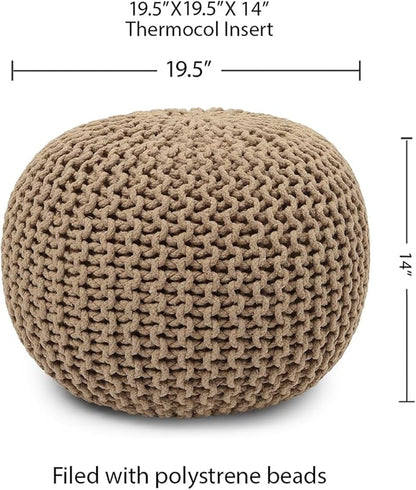 REDEARTH · Round Pouf Ottoman - Hand Knitted Cable Boho Poof Home Décor Pouffe Circular Footrest for Living Room - Nursery - Bedroom - Lounge 100% Cotton (19.5”x19.5”x14”) - Beige, Set of 2