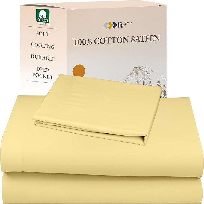 California Design Den Twin XL Bed Sheets Set - Natural 100% Cotton Sheets with Deep Pockets, Soft Sateen Weave, Breathable and Durable Bedding Set for Dorm Rooms, College (Buttery Yellow)