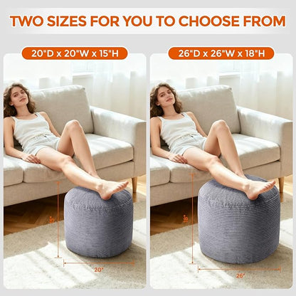 Pouf Ottoman Foot Rest, Comfortable & Soft, Round Footstool Ottoman for Living Room, Bedroom, Office, Room Decoration, Corduroy Foot Stool Pouf with Odorless & Anti-Clump Filling, Large Dark Grey