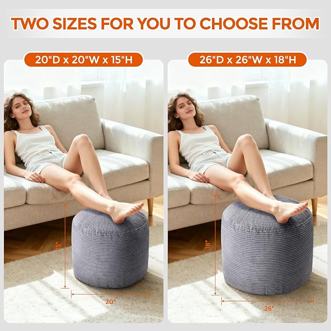 Pouf Ottoman Foot Rest, Comfortable & Soft, Round Footstool Ottoman for Living Room, Bedroom, Office, Room Decoration, Corduroy Foot Stool Pouf with Odorless & Anti-Clump Filling, Small Dark Grey
