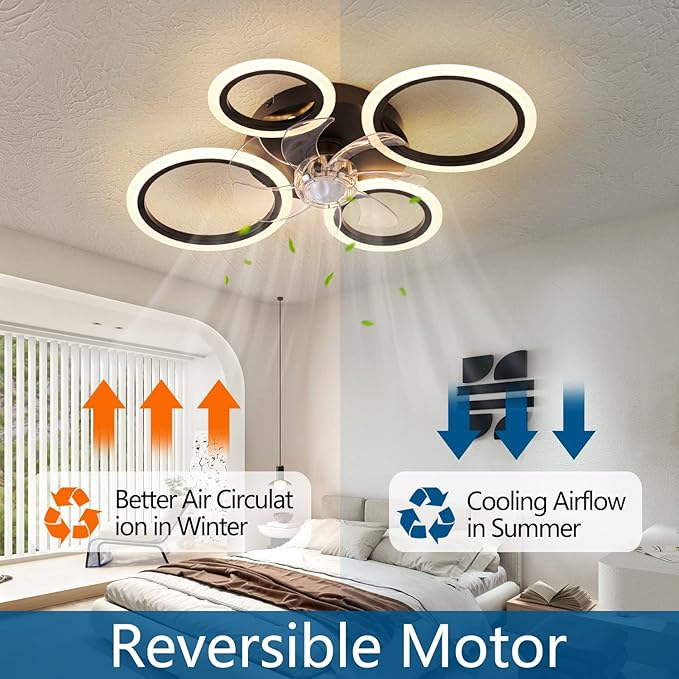 HuixuTe 26" Geometric Ceiling Fan with Lights Remote Control, 3 Colors, 6 Speeds, Bladeless, Low Profile for Kitchen, Bedroom