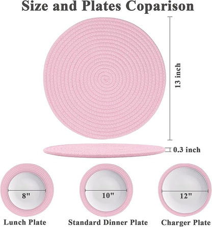 Round Placemats Set of 6, Cotton Rope Woven Table Mats, Hot Pads for Kitchen, Non Slip Heat Resistant Place Mats, 13 Inches Braided Placemat for Farmhouse Decor and Kitchen Table Decor (Pink)