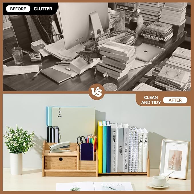 KIRIGEN Desktop Adjustable Organizer Storage Book Shelf with Drawer Wooden Desk Bookcase Workplace Storage Station Expandable Book Rack Fully Assembled SSSJ-S-NA