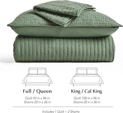 EVERGRACE Cross Stitch Pre-Washed Cotton Quilt Bedding Set Queen Size, Oversized 3 Pieces Lightweight Bedspread Coverlet for All Season, with 2 Matching Shams, Olive Green, 92"x96"