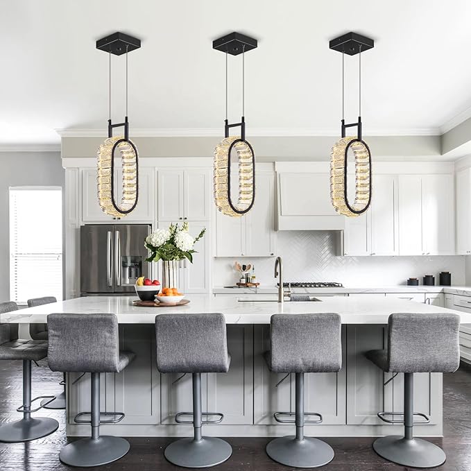 Kitchen Island Mini Light Fixture Modern Led Crystal Pendant Light Black Oval Chandelier for Dining Room Living Room Kitchen Bedroom Bar（1-Pack）