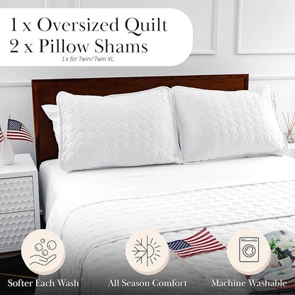 Southshore Fine Living, Inc. Twin XL Comforter Quilt Set, Dorm Room Bedding Essentials, Stain Resistant, Machine Washable Bed Spread, Twin XL White Quilt Bedspread Set w/Pillow Sham, Bright White
