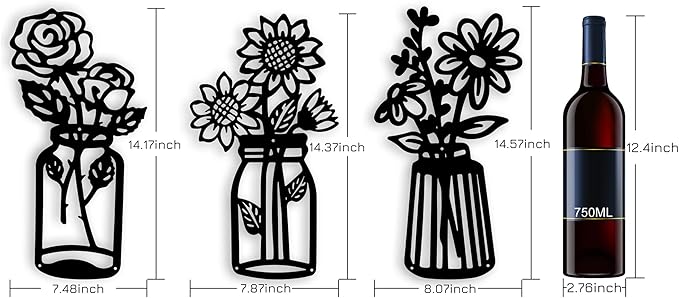 3 Pieces Sunflower Roses Daisy Black Metal Flowers Wall Decor Metal Vase Wall Art Metal Wall Sculptures Hanging for Indoor Kitchen Bathroom Bedroom Living Room,14.56x7.87 inches
