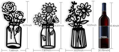 3 Pieces Sunflower Roses Daisy Black Metal Flowers Wall Decor Metal Vase Wall Art Metal Wall Sculptures Hanging for Indoor Kitchen Bathroom Bedroom Living Room,14.56x7.87 inches
