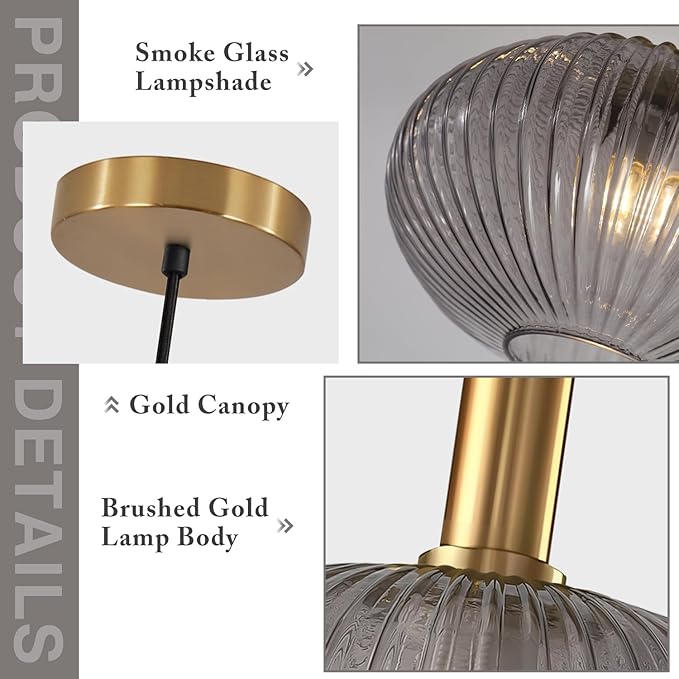 KCO Lighting Mid Century Modern Gold Glass Pendant Lighting Smoke Grey Globe Pendant Lights Kitchen Island Industrial Brass Gold Hanging Ceiling Light Fixture for Dining Room