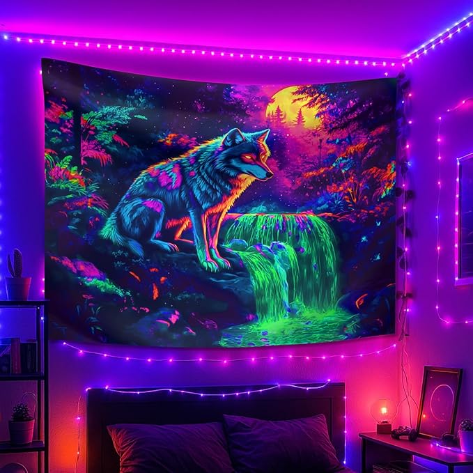 seewan Black Light Wolf Tapestry, Mysterious Wolf Tapestry, UV-Reactive Black Light Standing Tapestry, Vibrant Psychedelic Wall Hanging, Bedroom Dorm Living Room Background Decor