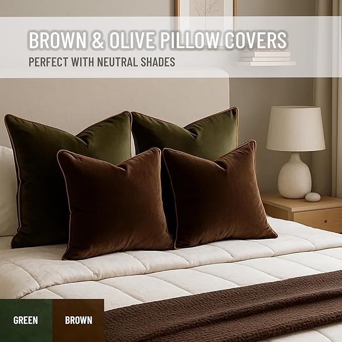 2 Pack Velvet Decorative Throw Pillow Covers, 18"x18", Brown and Camel, Solid, Modern, Contrast Piping, Indoor Use, Bedroom & Living Room
