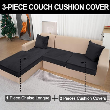 Sectional Couch Covers for 3-Piece Seat Cushion Velvet Separate L Shape Couch Cover Stretch Sofa Slipcover with 2 Pieces Pillowcases Furniture Protector (Sofa 2 Seater + 1 Chaise, Black)
