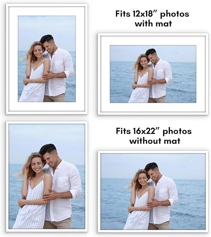 Americanflat 16x22 Picture Frame with Polished Plexiglass - Use as 12x18 Frame with Mat or Display 16x22 Photo Without Mat - Streamline Collection - Thin Border Picture Frames for Wall - White