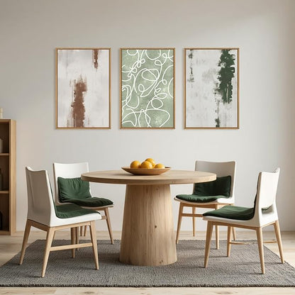 Aryroi Large Abstract Green Brown Geometric Framed Canvas Wall Art Set,Minimalist Neutral Brush Stroke Wall Decor,Modern Watercolor White Curved Lines Artwork For Living Room,Bedroom,Office-16 x24 x3