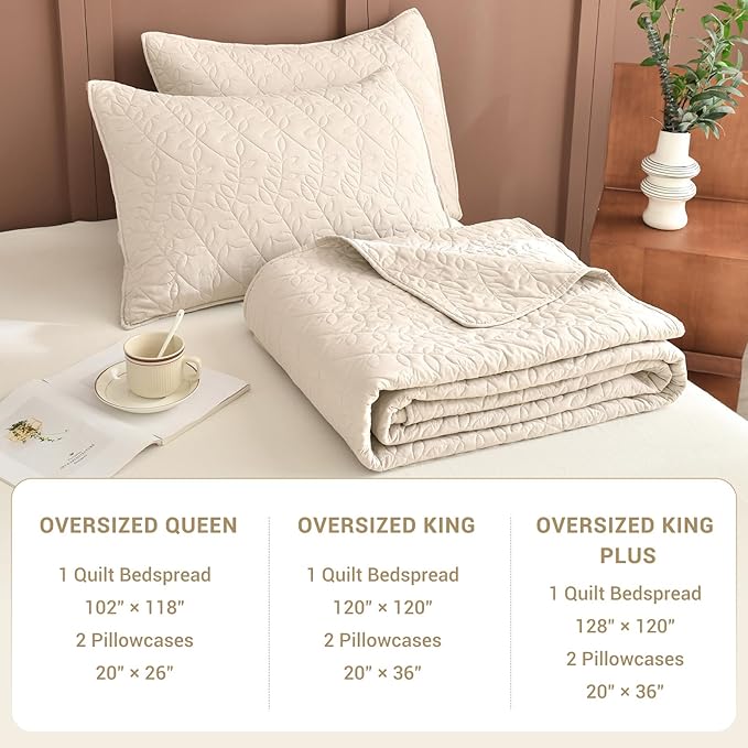 Sanracie Oversized King Quilt Bedspreads 120"*120" for Extra Bed, 100% Cotton Coverlet King Size Leaves Quilting Wheat Colored Super Large Wide California King Bed Quilt Sets Soft Lightweight
