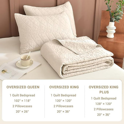 Sanracie Oversized Queen Quilt Bedspread Set 102"*118", 100% Cotton Coverlet Queen Size Wheat Colored Super Soft and Cozy Extra Large Cloud Leaves Quilting Bed Quilts for All Season