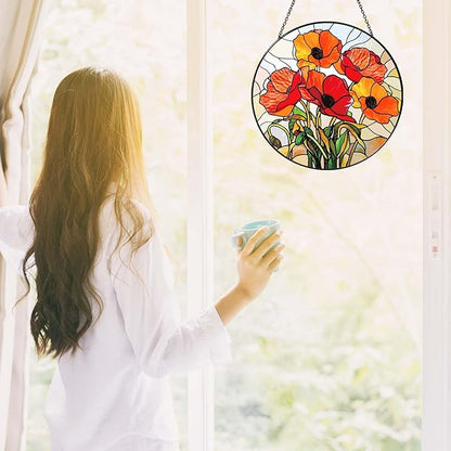 California Poppy Forest Sun Catcher 9.8'' Stained Glass Window Hanging Flower Lover Gifts for Women Red Poppy Kitchen Decor Suncatcher Decoration for Home Garden Housewarming Gifts