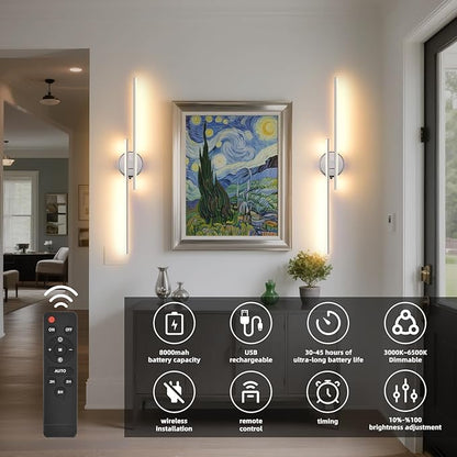 Wireless Battery Operated Wall Sconces with Remote, USB Rechargeable Led Wall Lights, 3000K-6000K Chrome wall sconces for Bedroom, Hallway, Living Room. Chrome 31.4-Inch Wall Light Set of Two