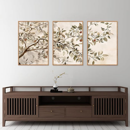 HLNIUC Apple Tree Vintage Framed Wall Art Set, Botanical Branch Canvas Wall Decor, Rustic Farmhouse Leaves Wall Painting, Retro Nature Plant Art Print for Living Room, Bedroom, Office - 24"x36"x3