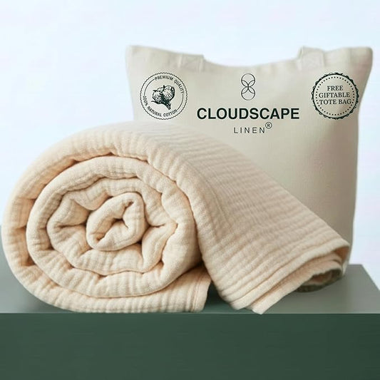 Luxury 100% Cotton Muslin Blanket Twin Size, 4 Layer 68x90 Fits Upto TwinXL Bed, Soft Cotton Gauze Quilt, Layering Winter Blankets for Bed, All Season Ivory Bedding