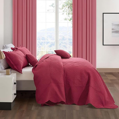 HZ & HY Oversized King Bedspread 138x122 Extra Wide, Ultrasonic Coverlet Bedding Set, Lightweight Thin Comforter, Reversible, 5 Piece, 100% Microfiber, California/Alaskan King, Wine Red