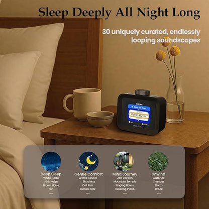 Dekala AuraDot White Noise Sound Machine for Sleep Temperature Humidity Monitor, 30 Non-Loop Soothing Sounds, Timer/Play All Night, Animationed Sleep Screen, 7-Day Programmable 4 Alarm Clock Black