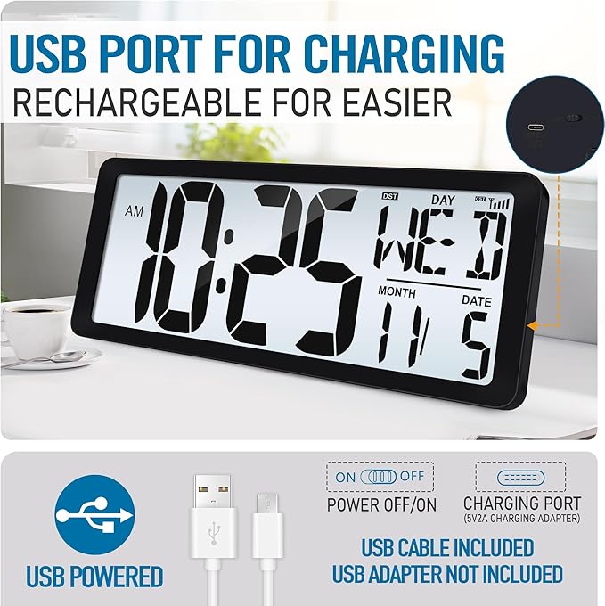 4.6" Numbers Display Built-in Rechargeable Power 15" Atomic Black Wall Clock -Night Display-Never Needs Setting!-Easy to Read Numbers-Never Need Replace Battery