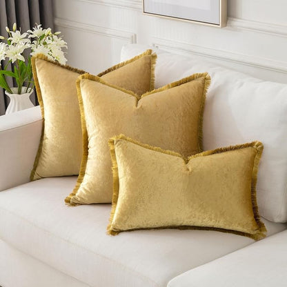 FUTEI Christmas Gold Velvet Decorative Throw Pillow Covers 16x16 Set of 2,Soft Cozy Edge with Tassels Cushion Case,Boho Modern Home Decor for Couch Bed Living Room