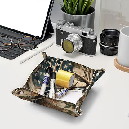 Valet Tray for Men Husband Boyfriend Boys – Catchall Bedside Vanity Tray, Nightstand Caddy Leather Holder for Keys, Phone, Wallet, Coins, Trinkets & Jewelry Camo Leaf Deer American Flag 001
