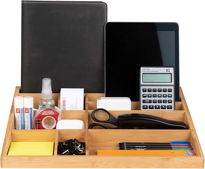 Theodore Bamboo Desktop Organizer – 10‑Compartment Natural Wood Storage Tray for Office, Home, Kitchen & Vanity – No Assembly, Water‑Resistant, Eco‑Friendly