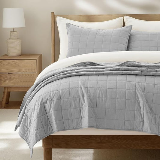 EVERGRACEHOME 100% Cotton Box Stitch Quilt Bedding Set Queen Size 3 Pieces, Garment-Washed Lightweight Soft Cozy Coverlet, Quilted Bedspread Sets with 2 Shams for All Season, Fog Gray
