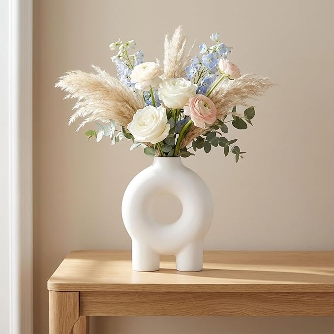 Decorative Flower Vase for Home Decor – Ceramic Modern Flower Vase With Donut Footed Design, Stylish Table Centerpiece for Living Room or Entry Display, Modern for Faux Flowers – 7", White