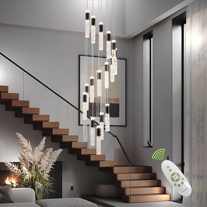 High Ceiling Long Chandelier for Staircase Crystal Drop Light for Living Room Foyer Hallway 3000K-6500K
