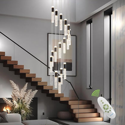 High Ceiling Long Chandelier for Staircase Crystal Drop Light for Living Room Foyer Hallway 3000K-6500K