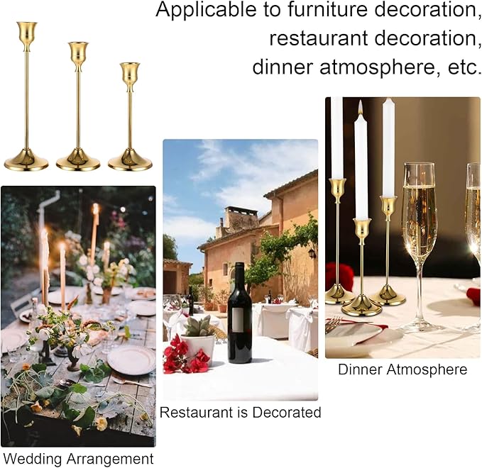 12 Pack Brass Golden Candlestick Holders, Vintage Taper Candle Holders Set in 3 Sizes for Dining Table, Fireplace, Party Decor