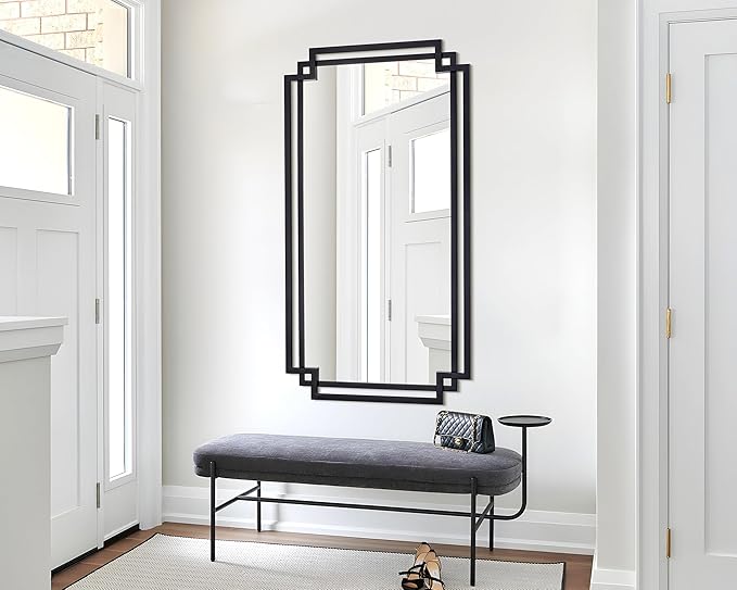 32" x 47" Large Wall Mirror for Living Room Decor, Black Decorative Mirror with Irregular and Rectangular Metal Frame, Horizontal/Vertical Hanging Mirror for Bathroom, Entrance