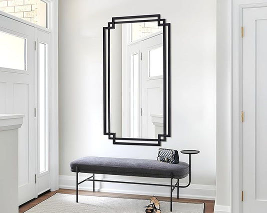 32" x 47" Large Wall Mirror for Living Room Decor, Black Decorative Mirror with Irregular and Rectangular Metal Frame, Horizontal/Vertical Hanging Mirror for Bathroom, Entrance