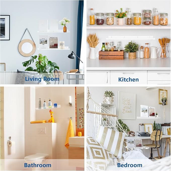 Kathfly 8 Pcs 24 Inch Clear Acrylic Floating Shelves Wall Mounted Invisible Storage Ledge for Book, Makeup Spice Picture Toy Display in Bathroom Bedroom Office Living Room