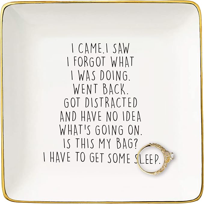 NZY Wandering Gifts,Funny Amnesiac Gifts for Distracted People,Grandma Friends,and People Who Forget Things Easily-Ceramic Jewelry Tray Trinket Holder Ring Dish-I Came I Saw I Forgot What I Was Doing