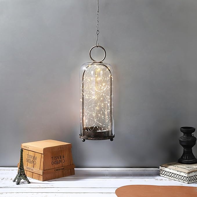16" High Versatile Modern Metal Hurricane Lantern with Handmade Sturdy Glass Dome in Rustic Brown for Pillar Candle & Plants, Industrial, Farmhouse, Shabby Chic (Brown, 6.3:x16.5)